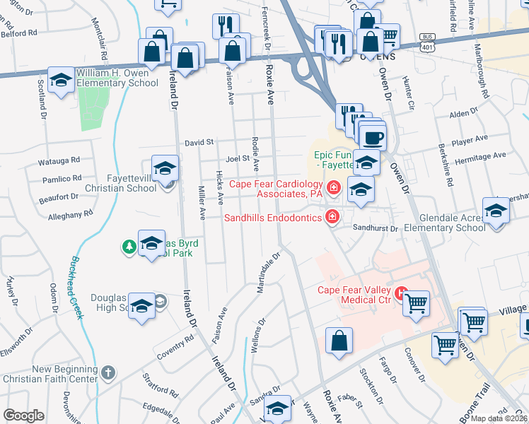 map of restaurants, bars, coffee shops, grocery stores, and more near 701 Rodie Avenue in Fayetteville