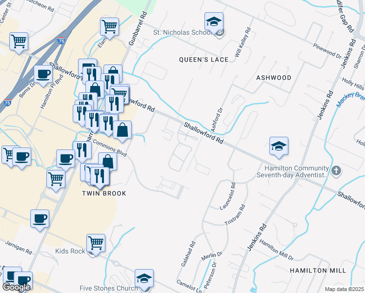 map of restaurants, bars, coffee shops, grocery stores, and more near 1203 Regency Court in Chattanooga