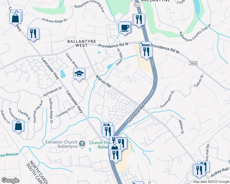 map of restaurants, bars, coffee shops, grocery stores, and more near 15656 Marvin Road in Charlotte