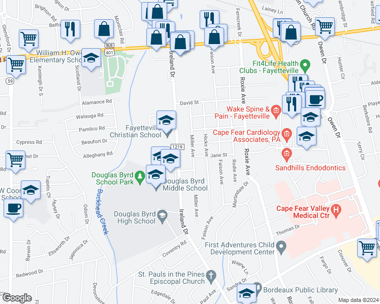 map of restaurants, bars, coffee shops, grocery stores, and more near 724 Miller Avenue in Fayetteville