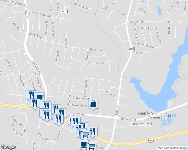 map of restaurants, bars, coffee shops, grocery stores, and more near 7748 Redwood Avenue in Fayetteville