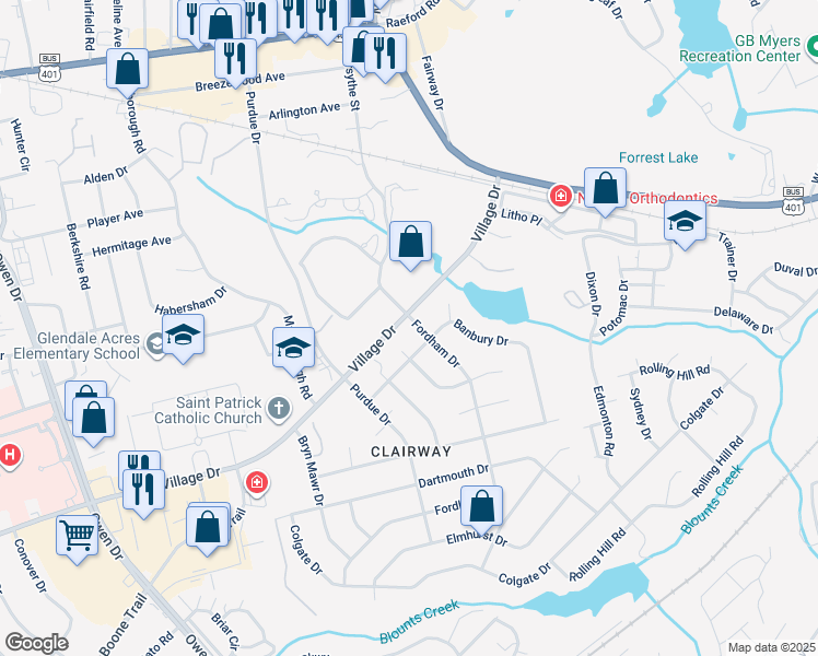 map of restaurants, bars, coffee shops, grocery stores, and more near 2000 Fordham Drive in Fayetteville