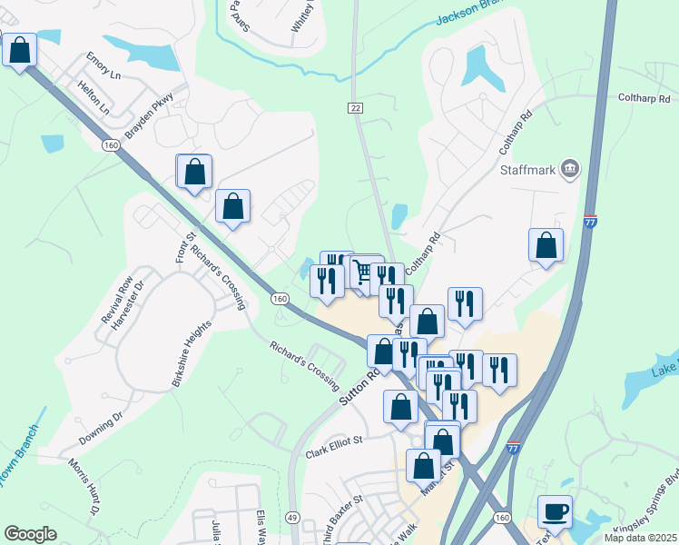 map of restaurants, bars, coffee shops, grocery stores, and more near 1803 Willis Court in Fort Mill