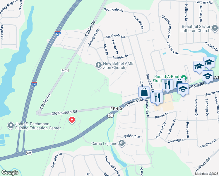 map of restaurants, bars, coffee shops, grocery stores, and more near 1399 Worstead Drive in Fayetteville