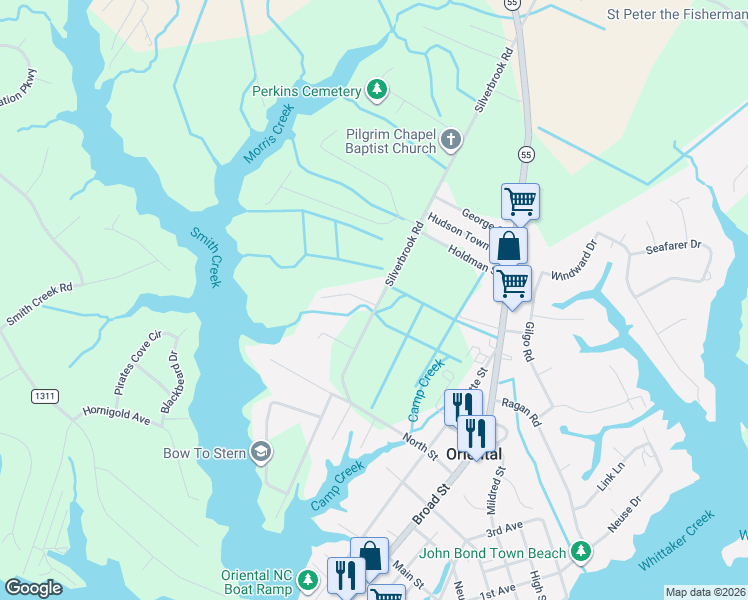 map of restaurants, bars, coffee shops, grocery stores, and more near 100 Holiday Lane in Oriental
