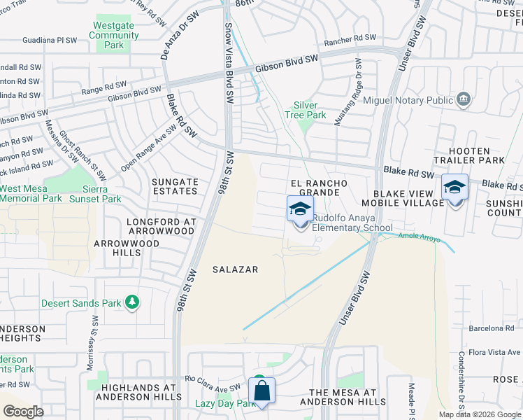 map of restaurants, bars, coffee shops, grocery stores, and more near 9519 Valle Vidal Place Southwest in Albuquerque