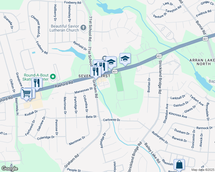 map of restaurants, bars, coffee shops, grocery stores, and more near 6771 Raeford Rd in Fayetteville