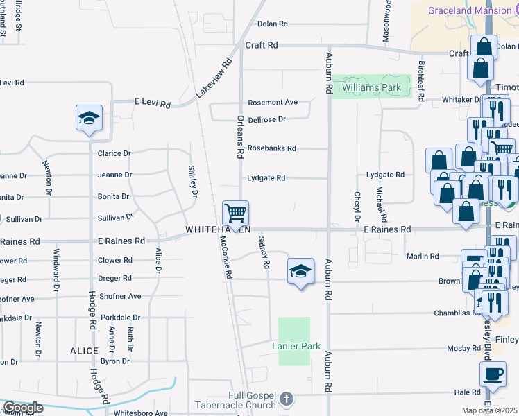 map of restaurants, bars, coffee shops, grocery stores, and more near 742 East Raines Road in Memphis