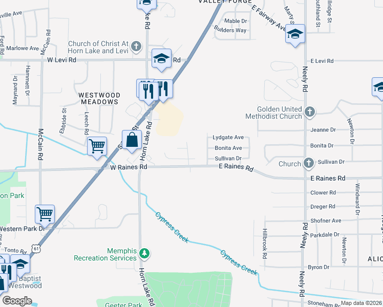 map of restaurants, bars, coffee shops, grocery stores, and more near 4090 Raines Oak Drive in Memphis