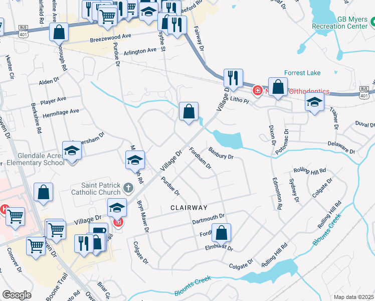 map of restaurants, bars, coffee shops, grocery stores, and more near 2000 Fordham Drive in Fayetteville
