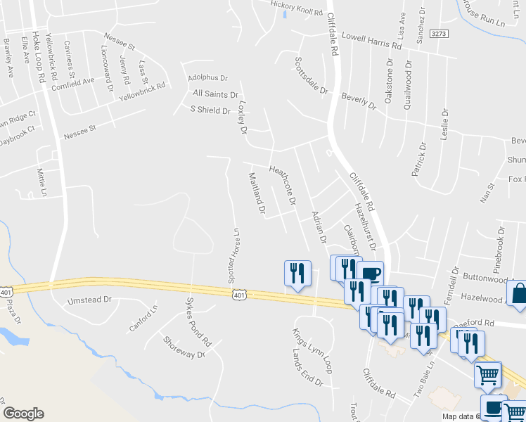 map of restaurants, bars, coffee shops, grocery stores, and more near Maitland Drive in Fayetteville