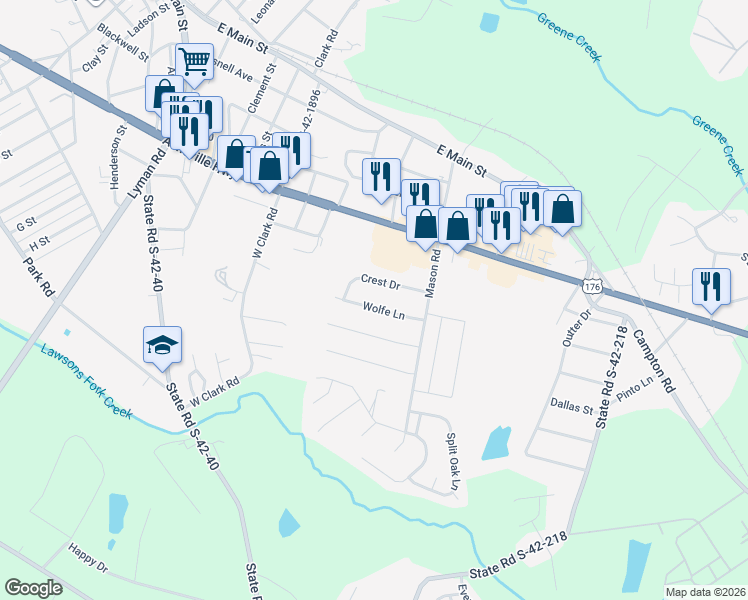 map of restaurants, bars, coffee shops, grocery stores, and more near 333 Crest Drive in Inman