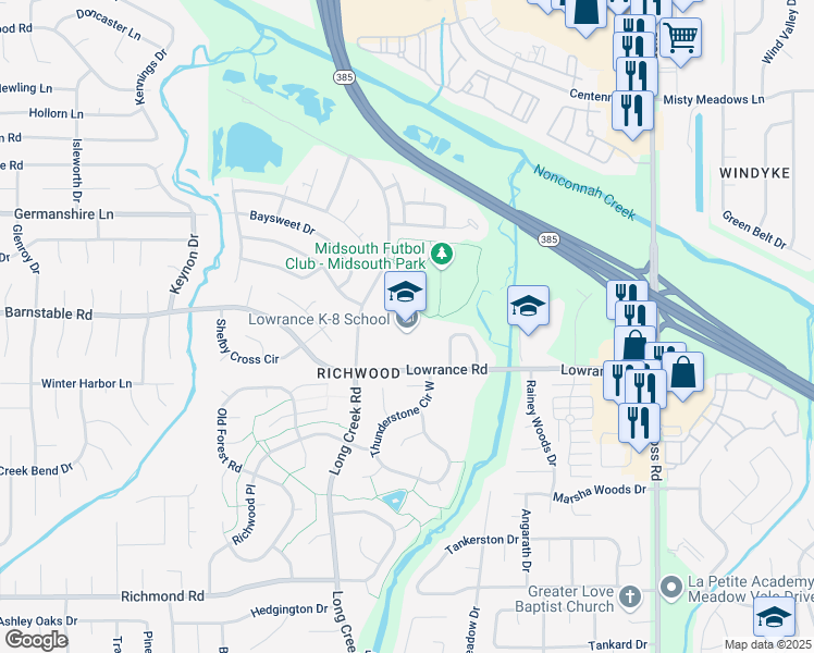 map of restaurants, bars, coffee shops, grocery stores, and more near 7740 Lowrance Road in Memphis