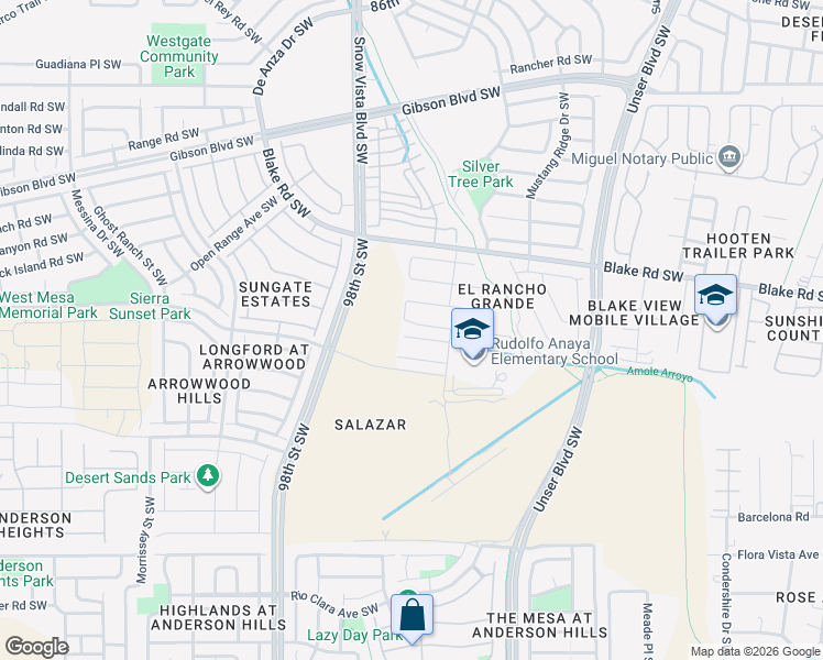 map of restaurants, bars, coffee shops, grocery stores, and more near 9519 Valle Vidal Place Southwest in Albuquerque