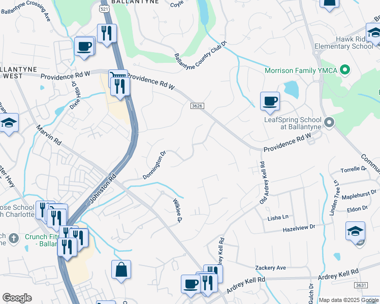 map of restaurants, bars, coffee shops, grocery stores, and more near 10417 Sutherby Drive in Charlotte