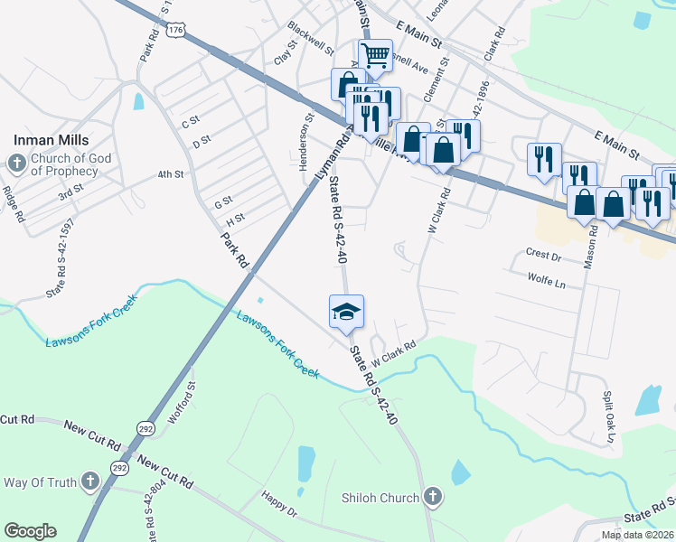 map of restaurants, bars, coffee shops, grocery stores, and more near 76 Blackstock Road in Inman