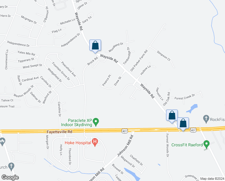 map of restaurants, bars, coffee shops, grocery stores, and more near 183 Drew Street in Raeford