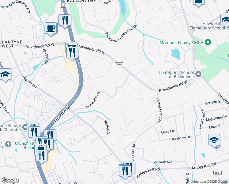 map of restaurants, bars, coffee shops, grocery stores, and more near 10417 Sutherby Drive in Charlotte
