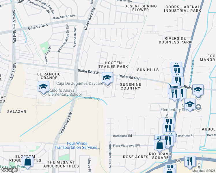 map of restaurants, bars, coffee shops, grocery stores, and more near 4300 Blake Road Southwest in Albuquerque