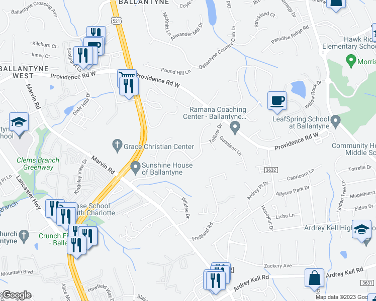 map of restaurants, bars, coffee shops, grocery stores, and more near 15494 Donnington Drive in Charlotte