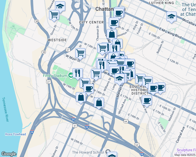map of restaurants, bars, coffee shops, grocery stores, and more near 312 West Main Street in Chattanooga