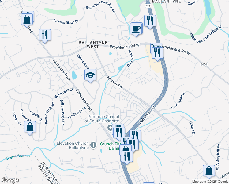 map of restaurants, bars, coffee shops, grocery stores, and more near 15550 Stronvar House Lane in Charlotte