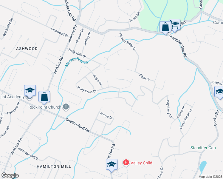 map of restaurants, bars, coffee shops, grocery stores, and more near 2516 Kimberly Ann Lane in Chattanooga