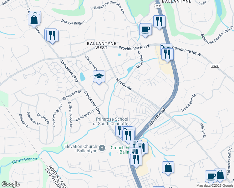 map of restaurants, bars, coffee shops, grocery stores, and more near 11062 Dixie Hills Drive in Charlotte