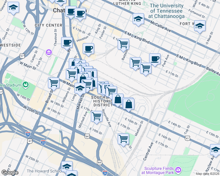 map of restaurants, bars, coffee shops, grocery stores, and more near 1348 Passenger Street in Chattanooga