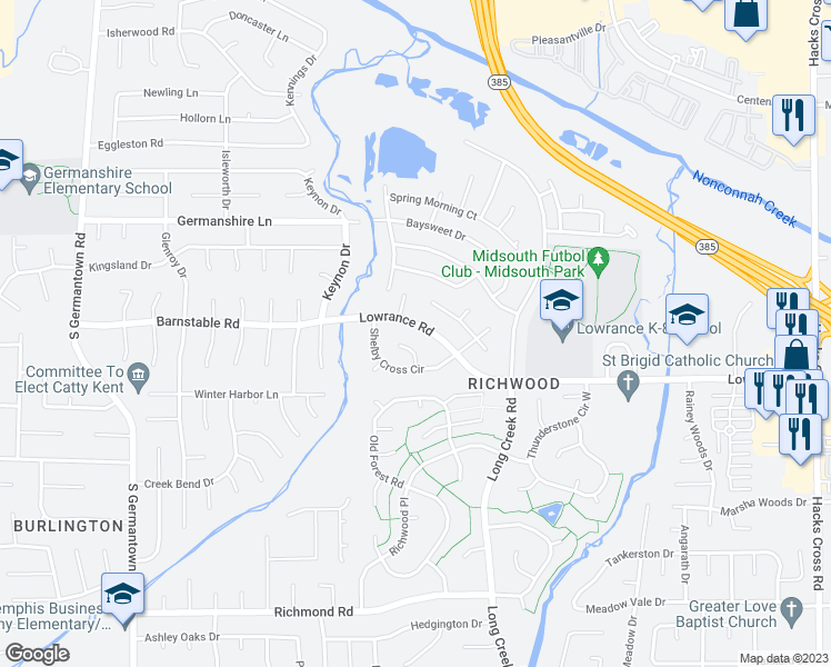map of restaurants, bars, coffee shops, grocery stores, and more near 7565 Lowrance Road in Memphis