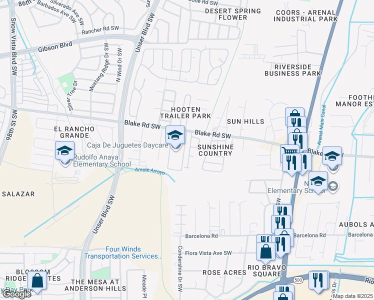 map of restaurants, bars, coffee shops, grocery stores, and more near 4200 Blake Road Southwest in Albuquerque