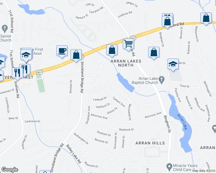 map of restaurants, bars, coffee shops, grocery stores, and more near 6421 Applecross Avenue in Fayetteville