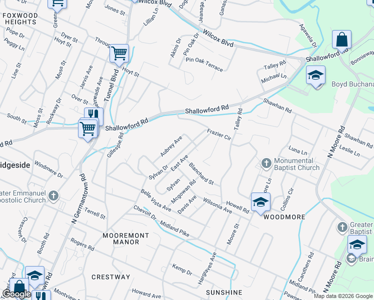 map of restaurants, bars, coffee shops, grocery stores, and more near 858 Aubrey Avenue in Chattanooga