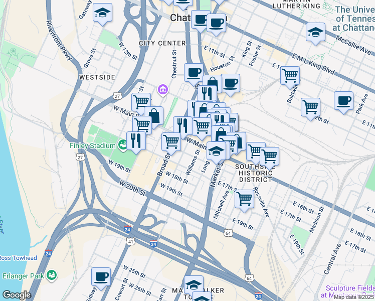 map of restaurants, bars, coffee shops, grocery stores, and more near 312 West Main Street in Chattanooga