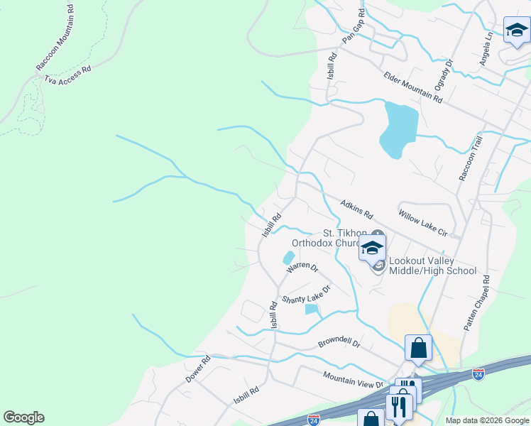 map of restaurants, bars, coffee shops, grocery stores, and more near 409 Isbill Road in Chattanooga