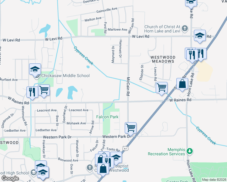 map of restaurants, bars, coffee shops, grocery stores, and more near 498 West Raines Road in Memphis