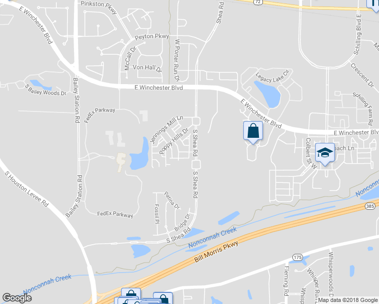 map of restaurants, bars, coffee shops, grocery stores, and more near Quail Forest Drive in Collierville