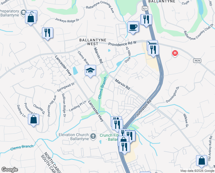map of restaurants, bars, coffee shops, grocery stores, and more near 11062 Dixie Hills Drive in Charlotte