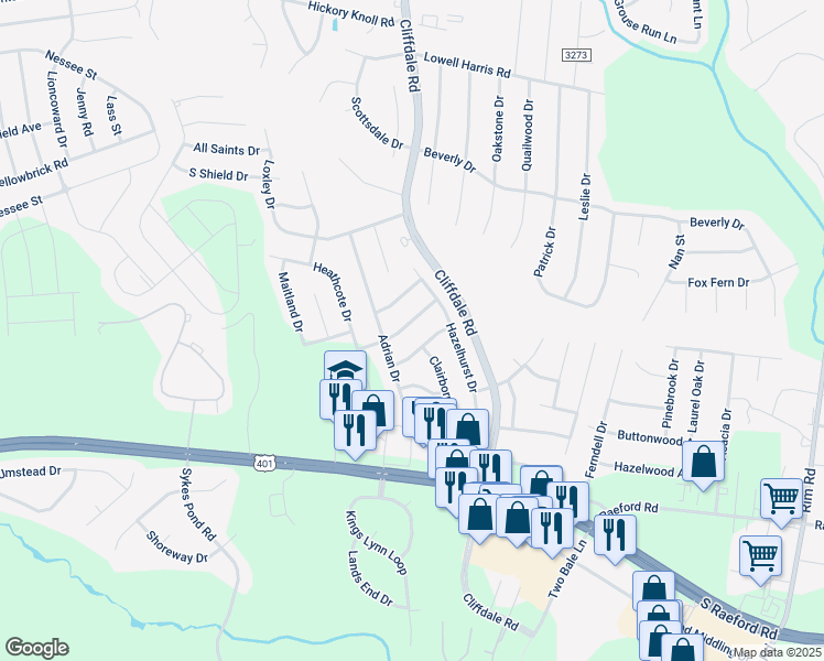 map of restaurants, bars, coffee shops, grocery stores, and more near 7882 Barfield Drive in Fayetteville