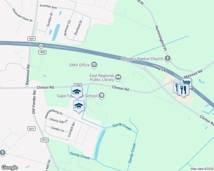 map of restaurants, bars, coffee shops, grocery stores, and more near 4705 Clinton Road in Fayetteville
