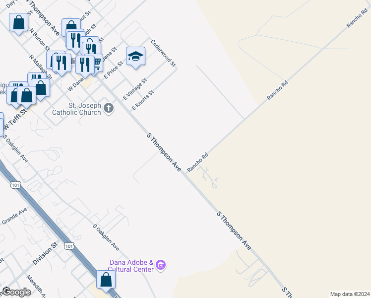 map of restaurants, bars, coffee shops, grocery stores, and more near North Thompson Avenue in Nipomo