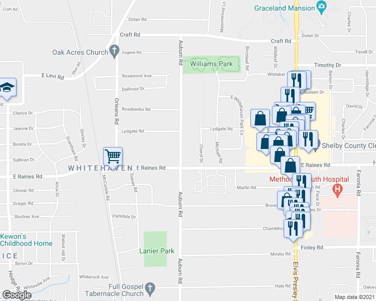 map of restaurants, bars, coffee shops, grocery stores, and more near 4110 Auburn Road in Memphis