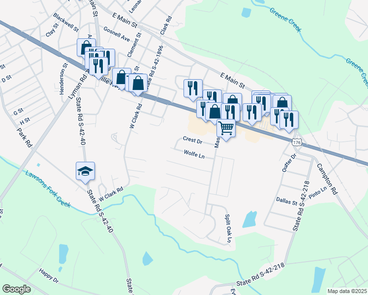 map of restaurants, bars, coffee shops, grocery stores, and more near 248 Wolfe Lane in Inman