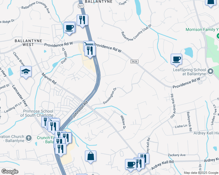 map of restaurants, bars, coffee shops, grocery stores, and more near 15911 Wayland Drive in Charlotte
