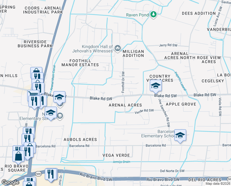map of restaurants, bars, coffee shops, grocery stores, and more near 2919 Blake Road Southwest in Albuquerque