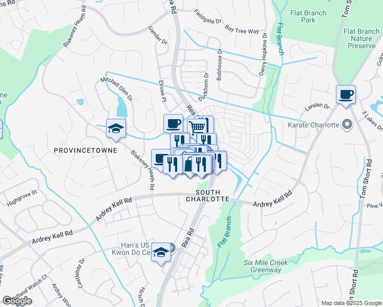 map of restaurants, bars, coffee shops, grocery stores, and more near 9716 Rea Road in Charlotte