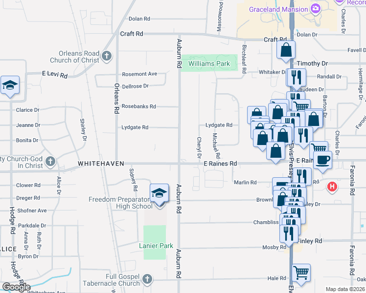 map of restaurants, bars, coffee shops, grocery stores, and more near 4110 Auburn Road in Memphis