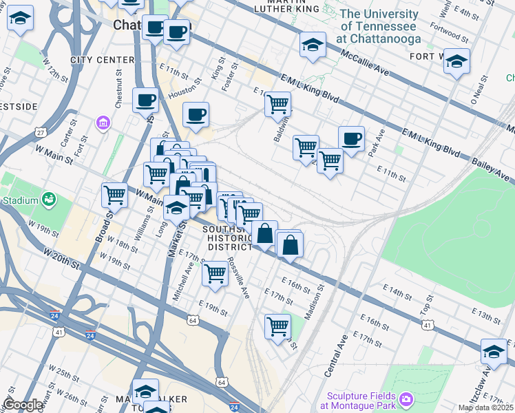 map of restaurants, bars, coffee shops, grocery stores, and more near 1348 Passenger Street in Chattanooga