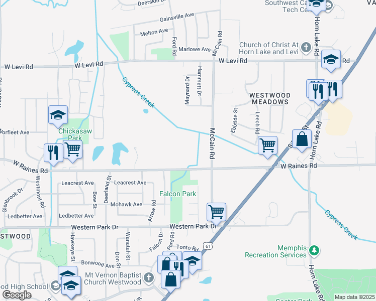 map of restaurants, bars, coffee shops, grocery stores, and more near 498 West Raines Road in Memphis