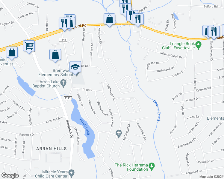 map of restaurants, bars, coffee shops, grocery stores, and more near 5944 McDougal Drive in Fayetteville